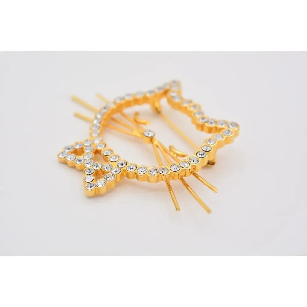Vintage Cat Pin Brooch Sparkling Rhinestone Crystal Gold Tone Heavy 1990s BinAT